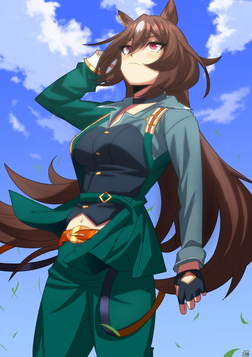 1girl absurdres animal_ears arm_up artist_logo belt black_gloves blue_sky blush breasts brown_belt brown_hair closed_mouth clouds cloudy_sky collared_shirt color_neko_(user_yfvc3323) commentary_request cowboy_shot ear_ornament fingerless_gloves frown gloves green_jacket green_pants grey_shirt hair_between_eyes hand_on_own_hip highres horse_ears horse_girl horse_tail jacket large_breasts long_hair looking_at_viewer midriff_peek multicolored_hair outdoors pants red_eyes shirt sirius_symboli_(umamusume) sky solo streaked_hair tail umamusume very_long_hair white_hair