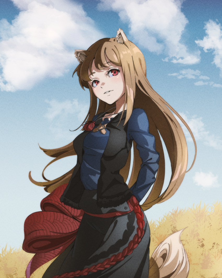 1girl absurdres animal_ears arms_behind_back black_vest blue_shirt breasts brown_hair clouds day grey_skirt highres holo jewelry light_brown_hair long_hair looking_at_viewer medium_breasts natsume_hinako outdoors parted_lips pendant red_eyes red_rope rope shirt sidelocks skirt sky solo spice_and_wolf standing tail vest wheat wheat_field wolf_ears wolf_girl wolf_tail