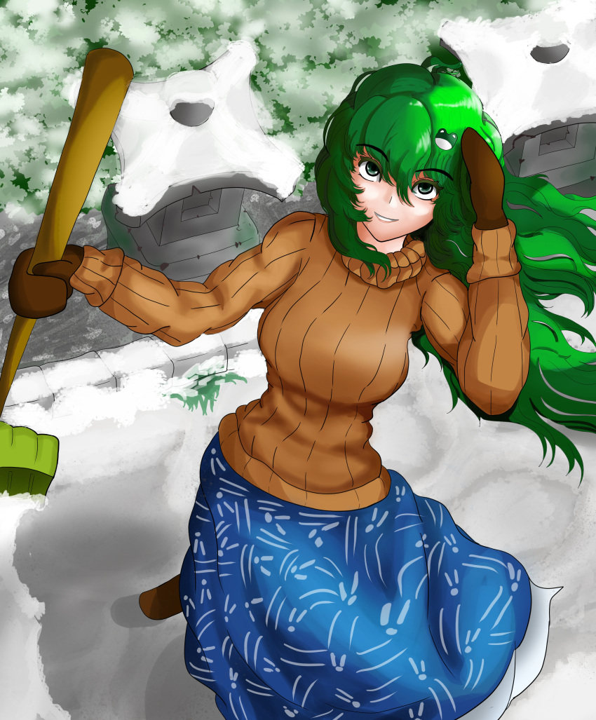 absurdres blue_skirt broom brown_gloves brown_sweater commentary english_commentary frog_hair_ornament gloves green_eyes green_hair hair_ornament highres holding holding_broom kanacake kochiya_sanae long_hair long_sleeves looking_at_viewer outdoors parted_lips skirt smile snow standing sweater touhou