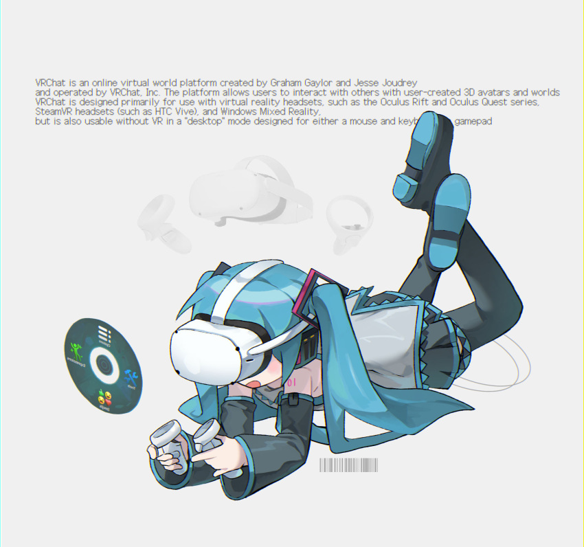 1girl barcode black_skirt black_sleeves blue_hair blue_necktie blue_shirt detached_sleeves english_text grey_background grey_shirt hair_ornament hatsune_miku head-mounted_display headphones highres holding htc_vive long_hair lying morizo_(morizoshop) necktie on_stomach open_mouth pleated_skirt shirt shoe_soles simple_background skirt sleeveless sleeveless_shirt solo twintails very_long_hair vocaloid vrchat