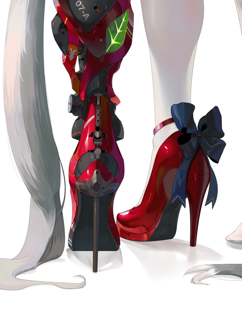 1girl absurdres cyborg feet foot_focus high_heels highres long_hair mechanical_legs mechanical_parts original pantyhose red_footwear simple_background solo twintails very_long_hair white_background white_pantyhose yunimaru