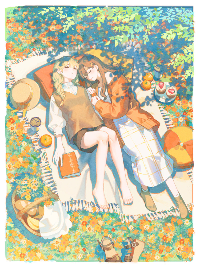 2girls ankle_socks baguette bare_legs barefoot blanket blonde_hair book border bread brown_hair brown_headwear brown_shorts brown_socks brown_sweater closed_eyes coffee_cup commentary cup dappled_sunlight day disposable_cup dress ema3 facing_another flower food fruit full_body grass hair_ornament hairclip hat hat_ribbon head_on_pillow highres holding holding_book jacket long_dress long_hair long_sleeves lying multiple_girls on_back open_clothes open_jacket orange_(fruit) orange_flower orange_jacket orange_ribbon original outdoors parted_lips picnic_basket pillow plant plate platform_footwear puffy_long_sleeves puffy_sleeves red_flower ribbon sandals scenery shirt shorts sleeping socks strawberry sunlight sweater unworn_hat unworn_headwear unworn_sandals white_border white_dress white_shirt yellow_flower