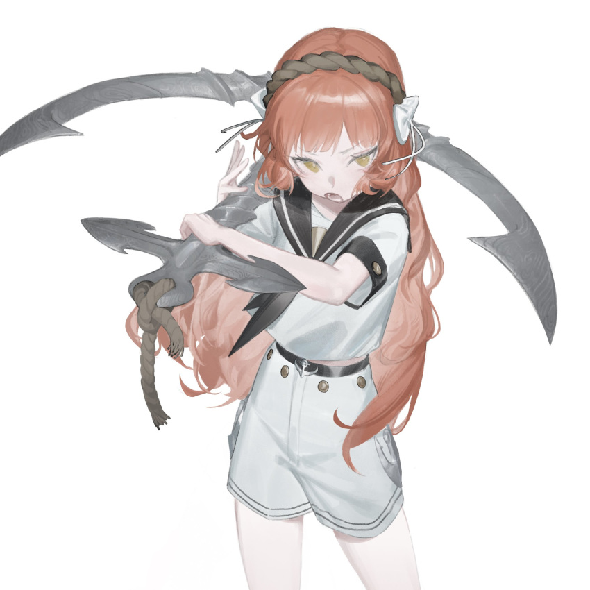 1girl anchor anhao1224 black_neckerchief black_sailor_collar blunt_bangs bow hair_bow hairband highres holding holding_anchor long_hair looking_at_viewer neckerchief open_mouth original redhead rope sailor_collar school_uniform serafuku short_sleeves shorts simple_background solo very_long_hair white_background white_bow white_shorts yellow_eyes