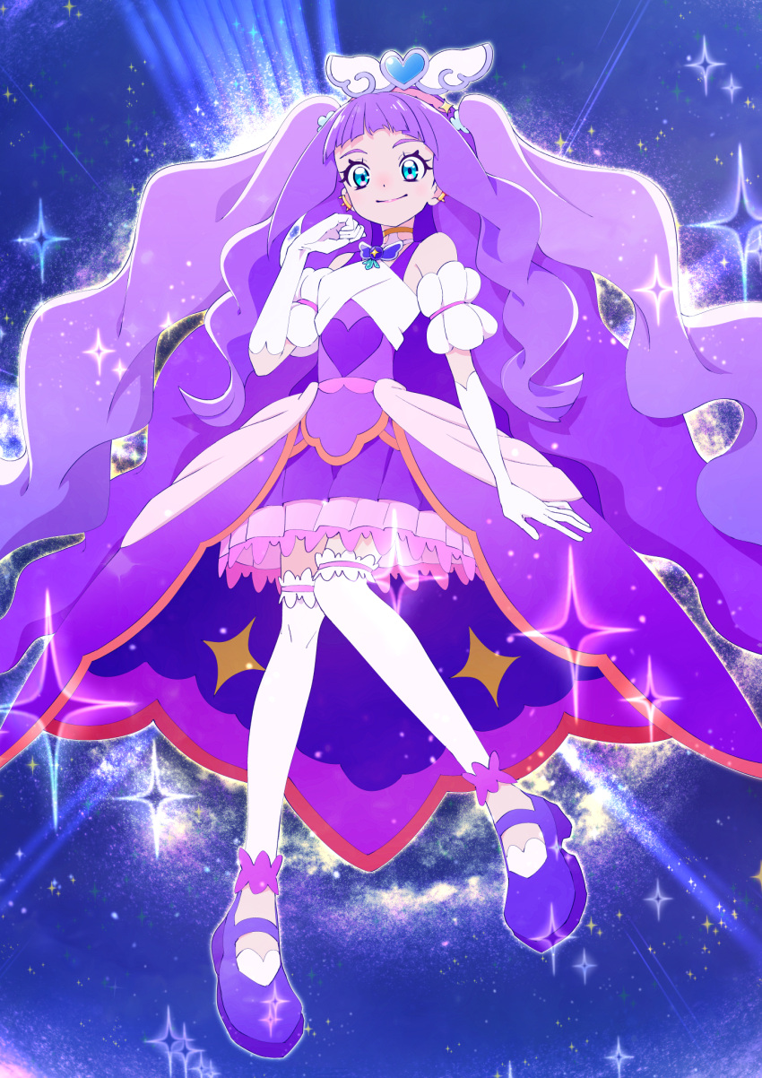 1girl aqua_eyes backlighting brooch closed_mouth clothing_cutout commentary cure_majesty dress earclip elbow_gloves ellee-chan floating frilled_skirt frills full_body gloves half-dress hand_in_own_hair highres hirogaru_sky!_precure jewelry ji-ma layered_skirt long_hair looking_at_viewer magical_girl medium_dress miniskirt night night_sky outdoors pleated_skirt precure purple_dress purple_footwear purple_hair shoes short_sleeves shoulder_cutout skirt sky smile solo star_(sky) starry_sky thigh-highs two_side_up very_long_hair white_gloves white_thighhighs wing_brooch wing_hair_ornament