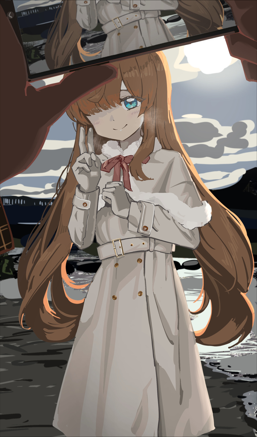 1girl absurdres anisakisu blue_eyes blue_sky blunt_bangs breath brown_hair capelet closed_mouth clouds coat cowboy_shot gloves hair_over_one_eye hand_up highres holding holding_phone kiratto_pri_chan long_hair long_sleeves looking_at_viewer neck_ribbon nervous_smile nijinosaki_dia outdoors parted_hair phone pov pov_hands pretty_series red_ribbon ribbon sky smile standing taking_picture v very_long_hair water white_capelet white_coat white_gloves