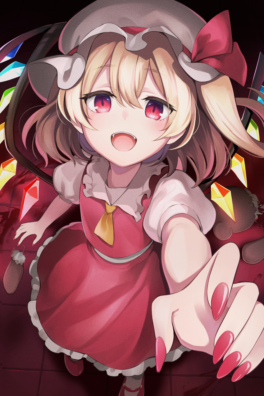 1girl absurdres ascot blonde_hair blush collared_shirt crystal fingernails flandre_scarlet hair_between_eyes hat highres long_fingernails long_hair looking_at_viewer mob_cap nail_polish one_side_up open_mouth puffy_short_sleeves puffy_sleeves red_eyes red_footwear red_nails red_skirt red_vest shirt shoes short_sleeves skirt smile socks solo torimarururu touhou vest white_headwear white_shirt white_socks wings yellow_ascot