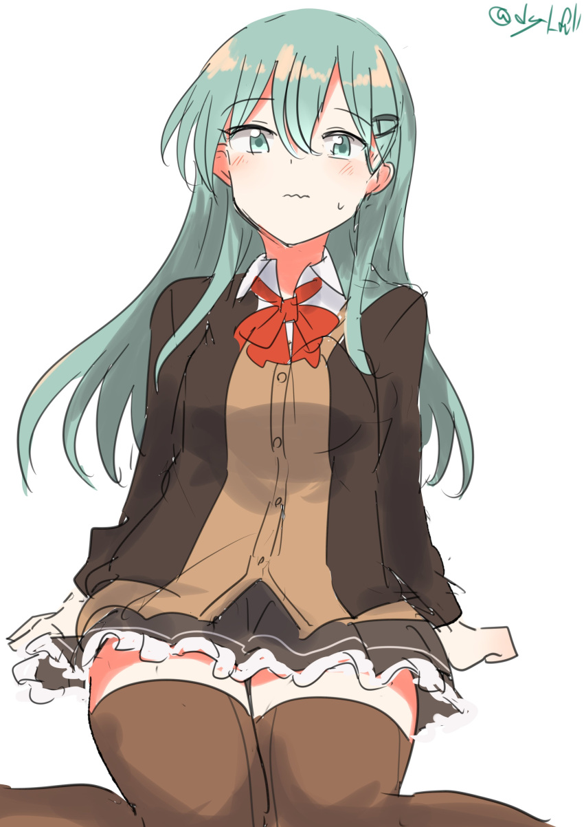 1girl absurdres bow bowtie brown_cardigan brown_jacket brown_skirt brown_thighhighs cardigan collared_shirt dress_shirt green_eyes green_hair hair_ornament hairclip highres jacket kantai_collection long_hair one-hour_drawing_challenge pleated_skirt red_bow red_bowtie robinson_(day_l_full) shirt simple_background sitting skirt solo suzuya_(kancolle) thigh-highs twitter_username wavy_mouth white_background white_shirt
