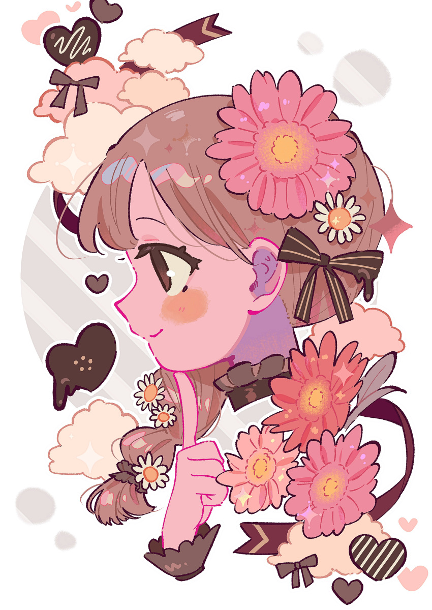1girl absurdres blunt_bangs blush_stickers braid brown_choker brown_eyes brown_hair brown_ribbon candy chocolate choker closed_mouth cloud_background clouds daisy double_horizontal_stripe finger_to_own_chin flower food frilled_choker frills from_side gerbera hair_flower hair_ornament hair_ribbon hand_up heart heart-shaped_chocolate heart_background highres index_finger_raised looking_afar nape original pink_flower polka_dot polka_dot_background profile red_flower ribbon side_braid simple_background single_braid smile solo sparkle striped_background valentine white_background white_flower yooki_(winter_cakes)