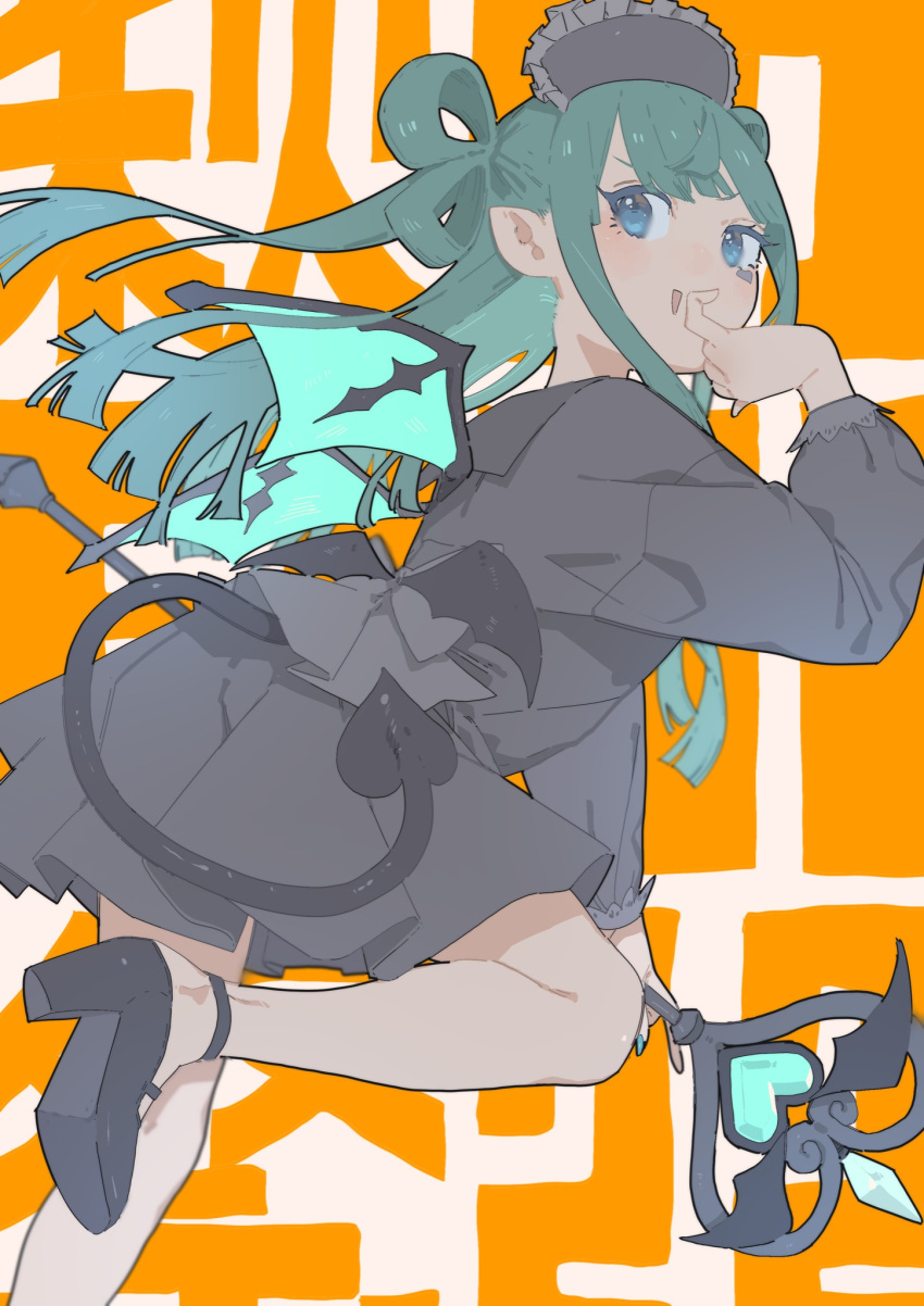 1girl :d bad_id bad_twitter_id black_dress black_footwear blue_eyes blunt_bangs commentary_request demon_tail demon_wings dress green_hair hand_to_own_mouth hand_up high_heels highres holding holding_wand kemura_(puripurinea) leaning_forward long_hair long_sleeves looking_at_viewer open_mouth orange_background pointy_ears pretty_series pripara shoes smile solo standing tail text_background tsukikawa_chili wand wings
