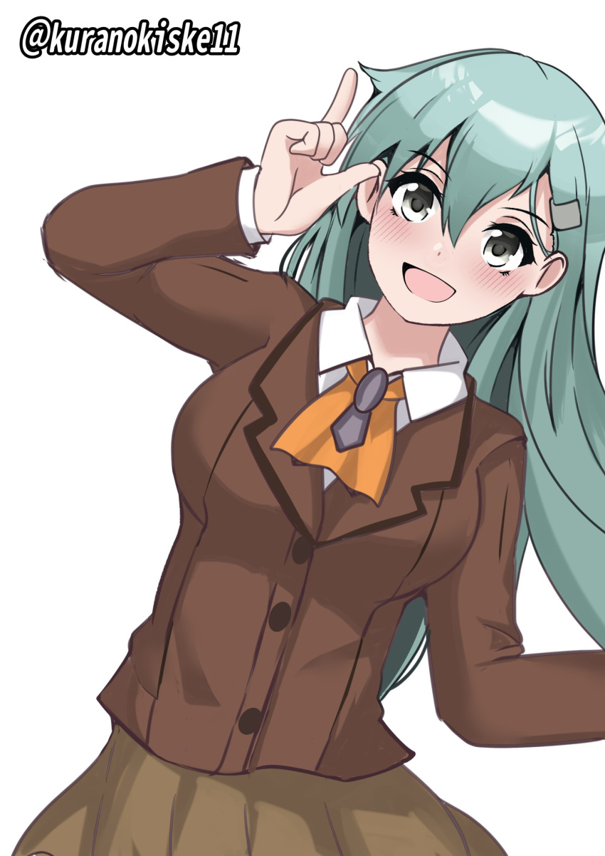 1girl ascot blazer breasts brown_jacket brown_skirt collared_shirt commentary_request dress_shirt green_eyes green_hair hair_ornament hairclip highres index_finger_raised jacket kantai_collection kurano_kisuke leaning_to_the_side long_hair looking_at_viewer medium_breasts one-hour_drawing_challenge orange_ascot pleated_skirt shirt simple_background skirt solo suzuya_(kancolle) twitter_username upper_body white_background white_shirt