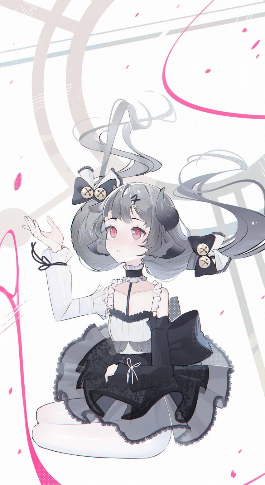 1girl absurdres animal_ears asymmetrical_sleeves bell black_choker black_sleeves bow braid choker chromatic_aberration collarbone commentary floating_hair gradient_horns grey_hair hair_bow hair_ornament hand_up highres horns jingle_bell long_hair low_twintails mismatched_sleeves multicolored_horns original pantyhose pink_eyes reiko_lape sitting solo symbol-only_commentary twintails white_pantyhose white_sleeves x_hair_ornament yokozuwari