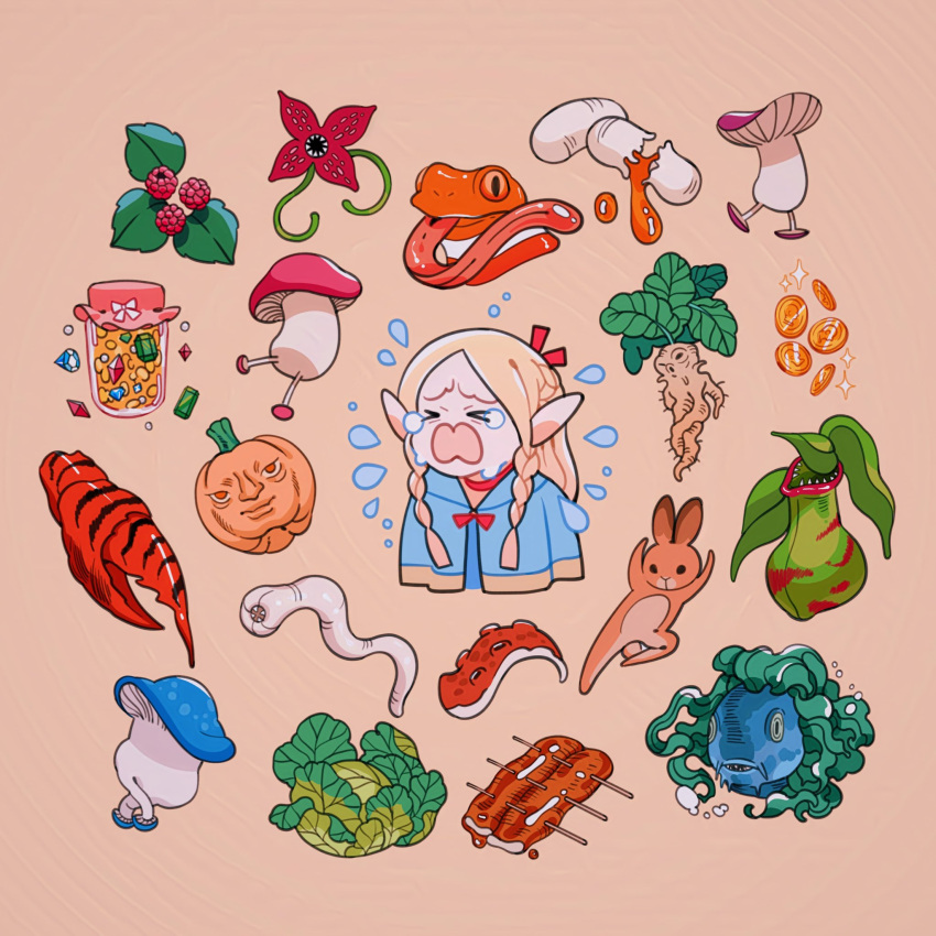 blonde_hair blue_capelet bow braid capelet choker coin crab_claw crying dungeon_meshi elf food frog fruit hair_bow highres jam jar lettuce mandrake marcille_crying_(meme) marcille_donato meme meyoco monster parasite pointy_ears ponytail pumpkin rabbit raspberry red_bow red_choker tentacles walking_mushroom_(dungeon_meshi)