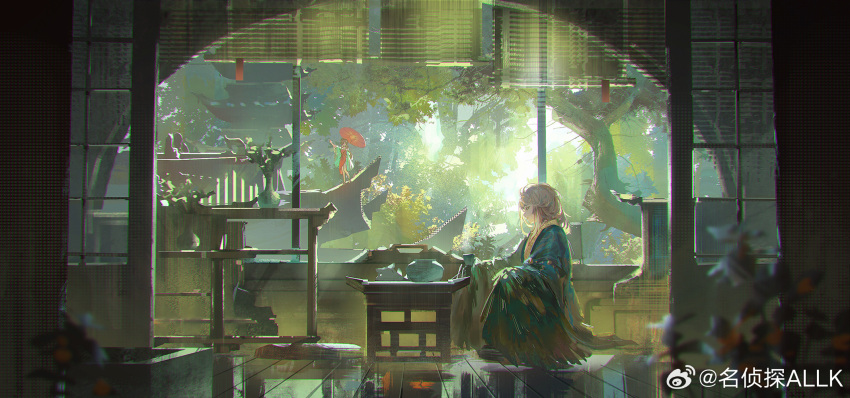 1boy 1girl allk_(pixiv_31494296) architecture arm_up backlighting bird_wings black_robe brown_feathers brown_hair brown_wings cup day dress east_asian_architecture feathered_wings feathers forest from_side getian_(reverse:1999) harpy_boy highres holding holding_umbrella indoors jiu_niangzi looking_down medium_hair monster_boy nature oil-paper_umbrella on_ground on_roof plant profile red_dress reverse:1999 robe sitting solo_focus standing table teacup tree umbrella vase wariza weibo_logo weibo_username window winged_arms wings