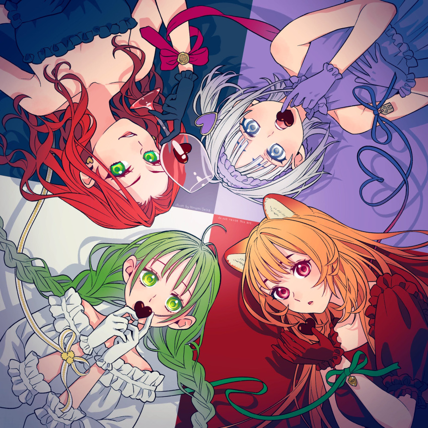 4girls ahoge animal_ears bare_shoulders blue_background blue_dress blue_gloves blue_ribbon braid candy chocolate collarbone commentary_request cup dress drinking_glass earrings eating english_commentary food gloves green_eyes green_hair green_ribbon grey_eyes hair_intakes hair_ornament hand_up hands_up heart heart-shaped_chocolate heart_earrings heart_hair_ornament highres holding holding_chocolate holding_cup holding_food jewelry long_hair long_sleeves looking_at_viewer malty_s_melromarc medium_hair minami_seira mixed-language_commentary multicolored_background multiple_girls open_mouth orange_hair purple_background purple_dress purple_gloves raccoon_ears raccoon_girl raphtalia red_background red_dress red_eyes red_gloves red_ribbon redhead ribbon rishia_ivyred s'yne_lokk short_sleeves sleeveless sleeveless_dress smile strapless strapless_dress tate_no_yuusha_no_nariagari twin_braids valentine white_background white_dress white_gloves white_hair wine_glass yellow_ribbon