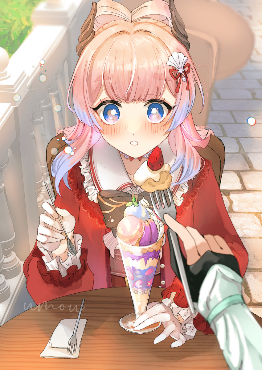2girls absurdres black_bow black_gloves blue_eyes bow bow-shaped_hair chestnut_mouth collar fingerless_gloves fork genshin_impact gloves hair_ornament half_gloves hand_up highres holding holding_fork holding_spoon ice_cream_cup jacket kate_(shootingstar) long_hair long_sleeves looking_at_viewer lumine_(genshin_impact) multicolored_eyes multiple_girls official_alternate_costume outdoors parted_lips partially_fingerless_gloves pink_hair pov pov_hands red_jacket sangonomiya_kokomi sangonomiya_kokomi_(sushiro) sitting solo_focus spoon thick_eyebrows white_collar white_gloves