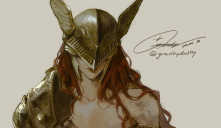 1girl armor covered_eyes elden_ring gold_armor gravitydusty helmet helmet_over_eyes highres malenia_blade_of_miquella mechanical_arms off_shoulder prosthesis prosthetic_arm redhead single_mechanical_arm solo winged_helmet