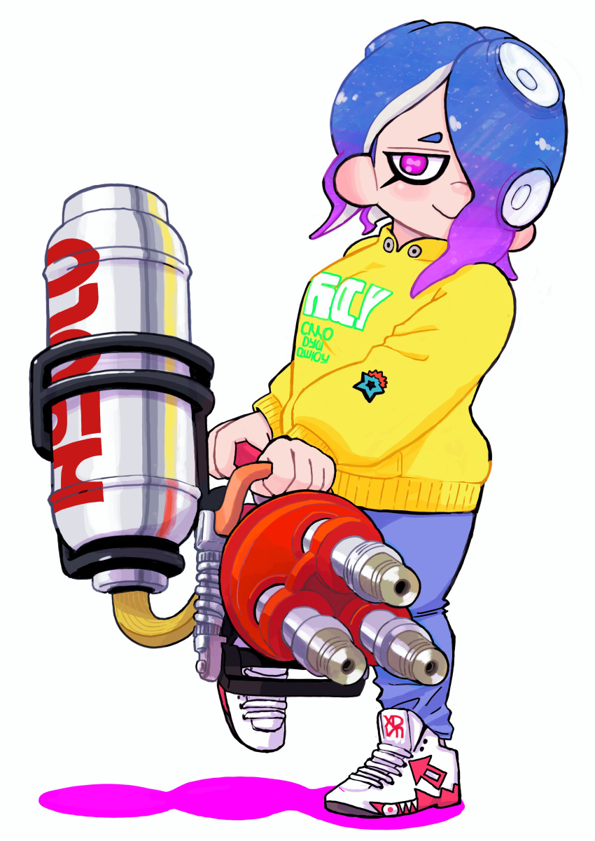 1girl absurdres blue_hair blue_pants cephalopod_eyes closed_mouth cross-laced_footwear eyelashes full_body gradient_hair gun highres holding holding_gun holding_weapon hydra_splatling_(splatoon) medium_hair multicolored_hair naito_gambo octoling_girl octoling_player_character pants pink_eyes pink_hair plump print_sweater red_footwear shoes simple_background smile solo splatoon_(series) splatoon_3 standing standing_on_one_leg sweater tentacle_hair thick_eyebrows two-tone_footwear two-tone_hair weapon white_background white_footwear yellow_sweater