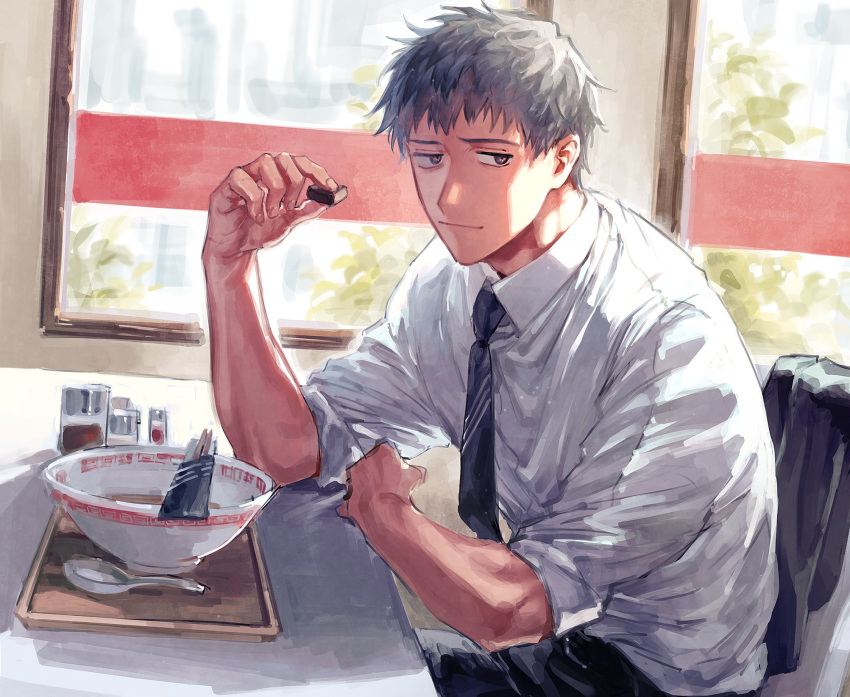 1boy arm_rest black_necktie black_pants bowl chair chocolate chopsticks collared_shirt fate/grand_order fate_(series) food formal grey_hair hand_on_table hand_rest highres holding holding_chocolate holding_food indoors necktie orange_eyes pants saitou_hajime_(fate) shirt sitting sleeves_rolled_up solo spoon table tray uni_(nico02) white_shirt