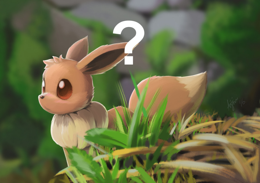 ? ajin_(ajinhdremix) animal_focus artist_name blurry blurry_background brown_eyes closed_mouth commentary dated day derivative_work eevee english_commentary from_side grass neck_fur no_humans outdoors pokemon pokemon_(creature) screencap_redraw signature solo standing
