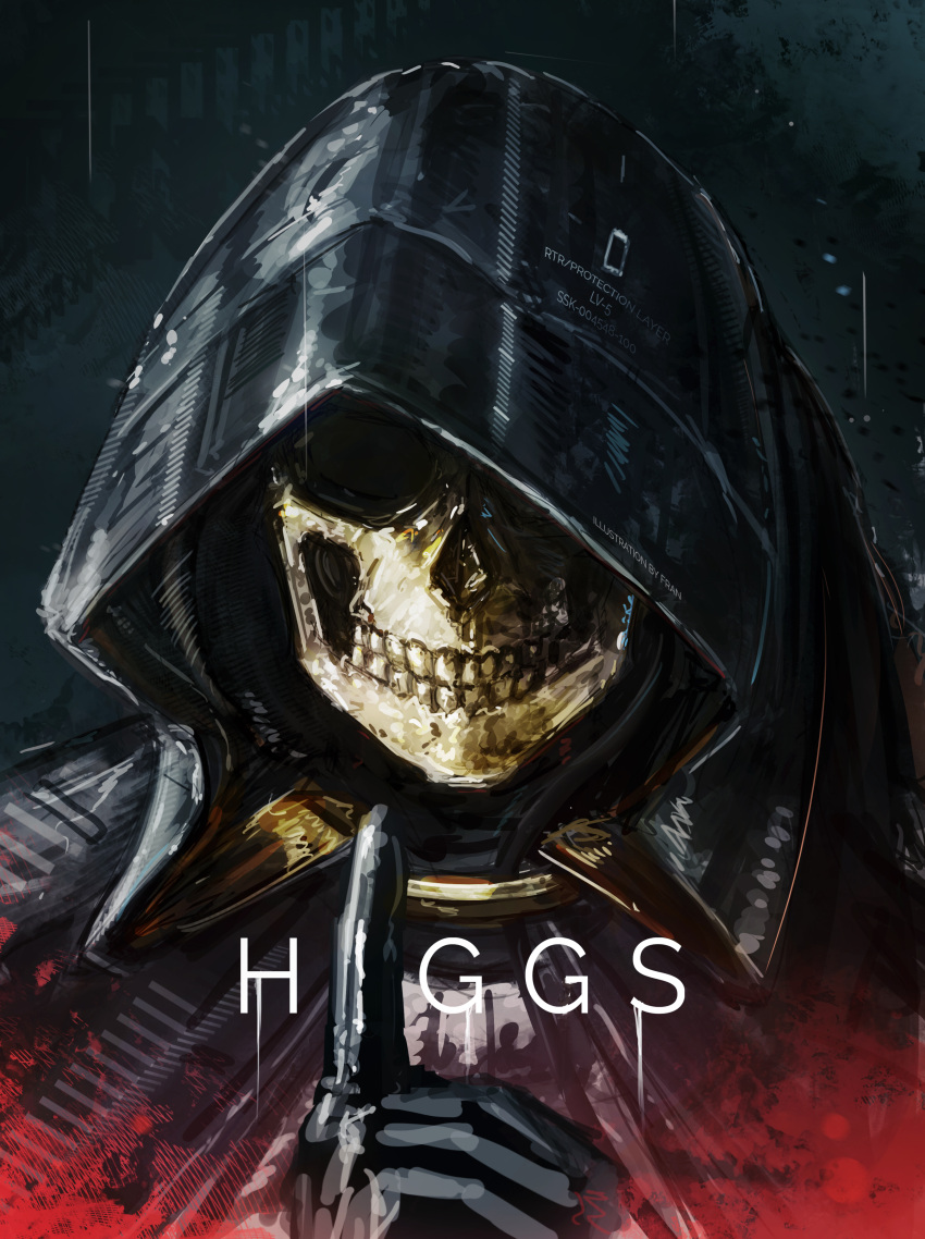 1boy absurdres black_gloves black_hood cape character_name commentary dark_background death_stranding english_commentary facing_viewer franlol gloves higgs_(death_stranding) highres hood hood_up hooded_cape male_focus mask pointing pointing_up portrait skull_mask solo
