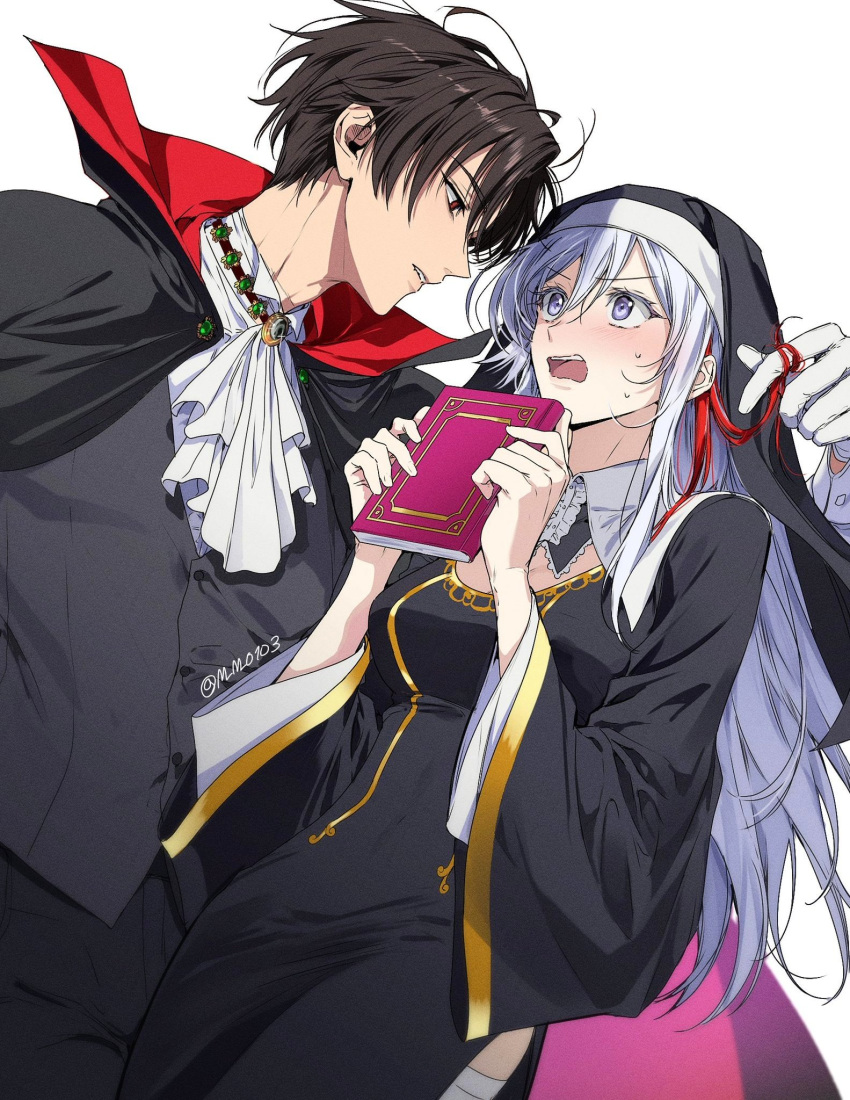 1boy 1girl 86_-eightysix- ascot black_hair blush book breasts eye_contact gloves habit hetero high_collar highres long_hair long_sleeves looking_at_another m_m_pb medium_breasts nun open_mouth parted_lips shinei_nouzen short_hair vladilena_millize white_ascot white_eyes white_gloves white_hair wide_sleeves