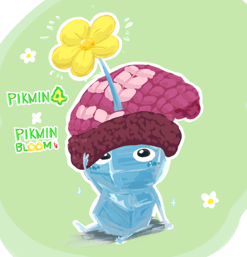beanie black_eyes blue_skin blush_stickers colored_skin commentary_request copyright_name flower green_background hand_on_headwear hat highres ice ice_pikmin looking_up no_humans no_mouth notice_lines outline pikmin_(creature) pikmin_(series) pikmin_4 pikmin_bloom pink_headwear shadow simple_background sitting solo sparkle usuba_(hatomugip) white_flower white_outline yellow_flower