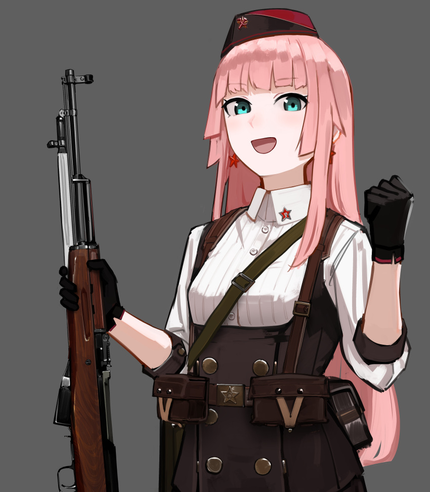 1girl absurdres aqua_eyes belt black_gloves buckle earrings garrison_cap girls_frontline gloves grey_background gun hammer_and_sickle hat highres holding holding_gun holding_weapon jewelry long_hair looking_at_viewer open_mouth pink_hair pouch rampart1028 rifle simonov_(girls'_frontline) sks smile solo star_(symbol) star_earrings upper_body weapon