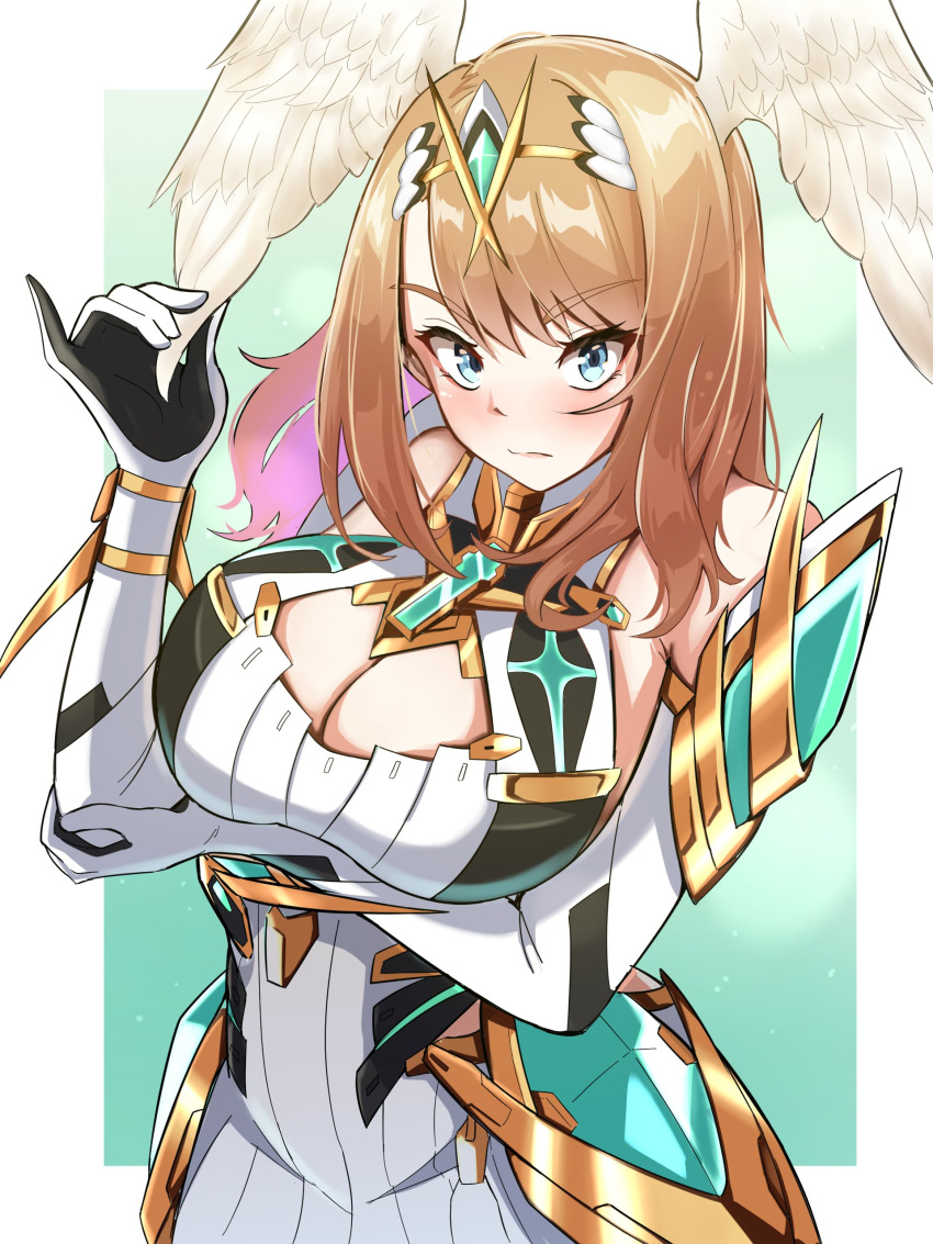absurdres blue_eyes chest_jewel cleavage_cutout clothing_cutout cosplay dress eunie_(xenoblade) fiery_hair head_wings headpiece highres microdress mythra_(xenoblade) mythra_(xenoblade)_(cosplay) tiara timosan white_wings wings xenoblade_chronicles_(series) xenoblade_chronicles_2 xenoblade_chronicles_3