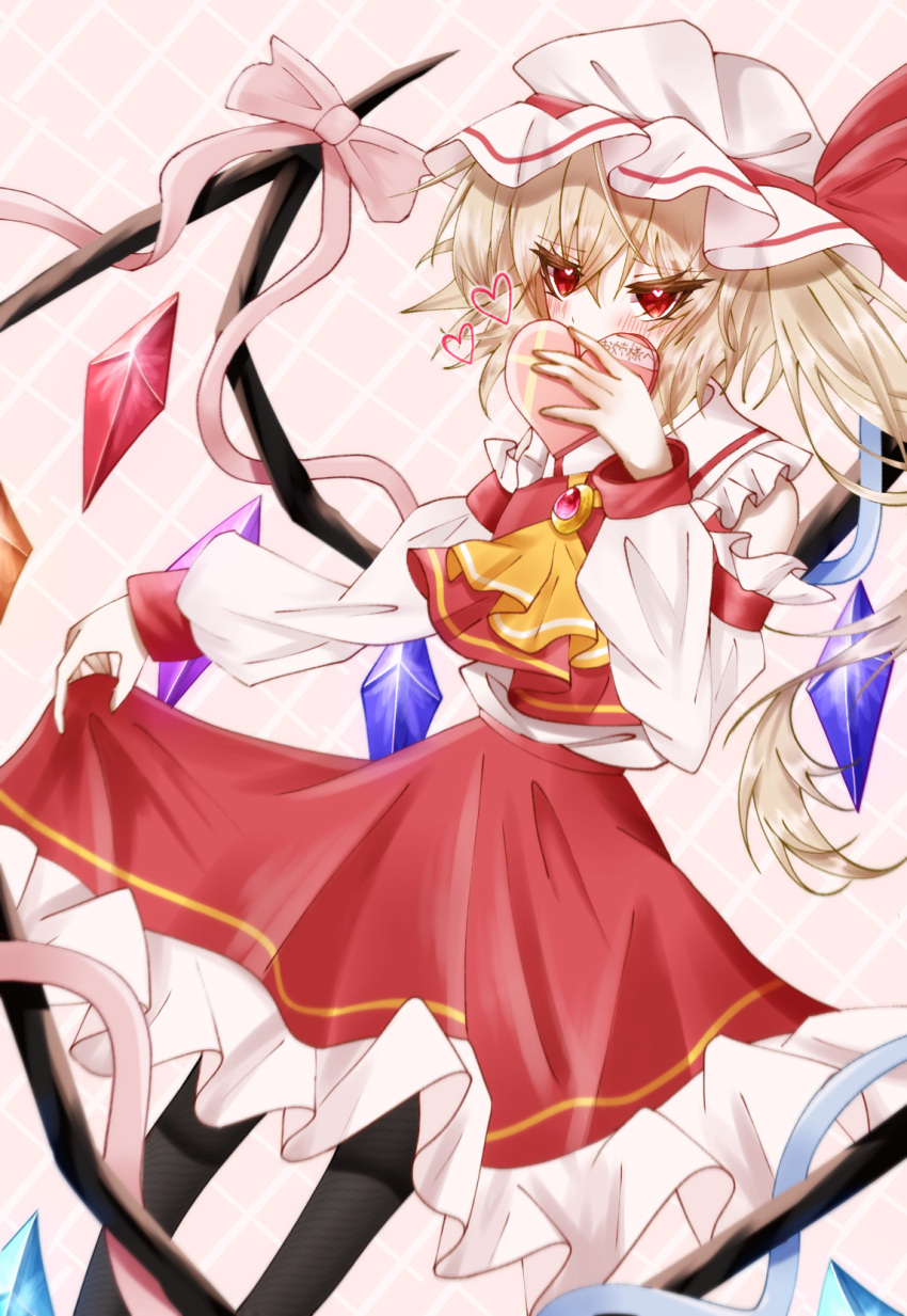 1girl ascot black_thighhighs blonde_hair blush candy chocolate crystal_wings dress flandre_scarlet food frills hat hat_ribbon heart heart-shaped_chocolate heart-shaped_pupils highres mob_cap red_dress red_eyes red_ribbon ribbon side_ponytail simple_background solo symbol-shaped_pupils thigh-highs touhou user_ayef5835 yellow_ascot