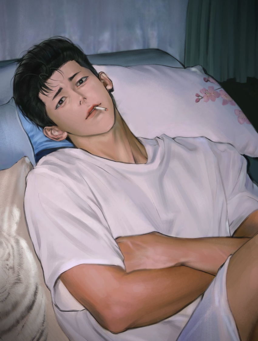 1boy black_eyes black_hair cigarette crossed_arms highres indoors leaning_back looking_at_viewer male_focus mito_youhei mouth_hold pompadour shirt slam_dunk_(series) solo upper_body white_shirt yangchinnom