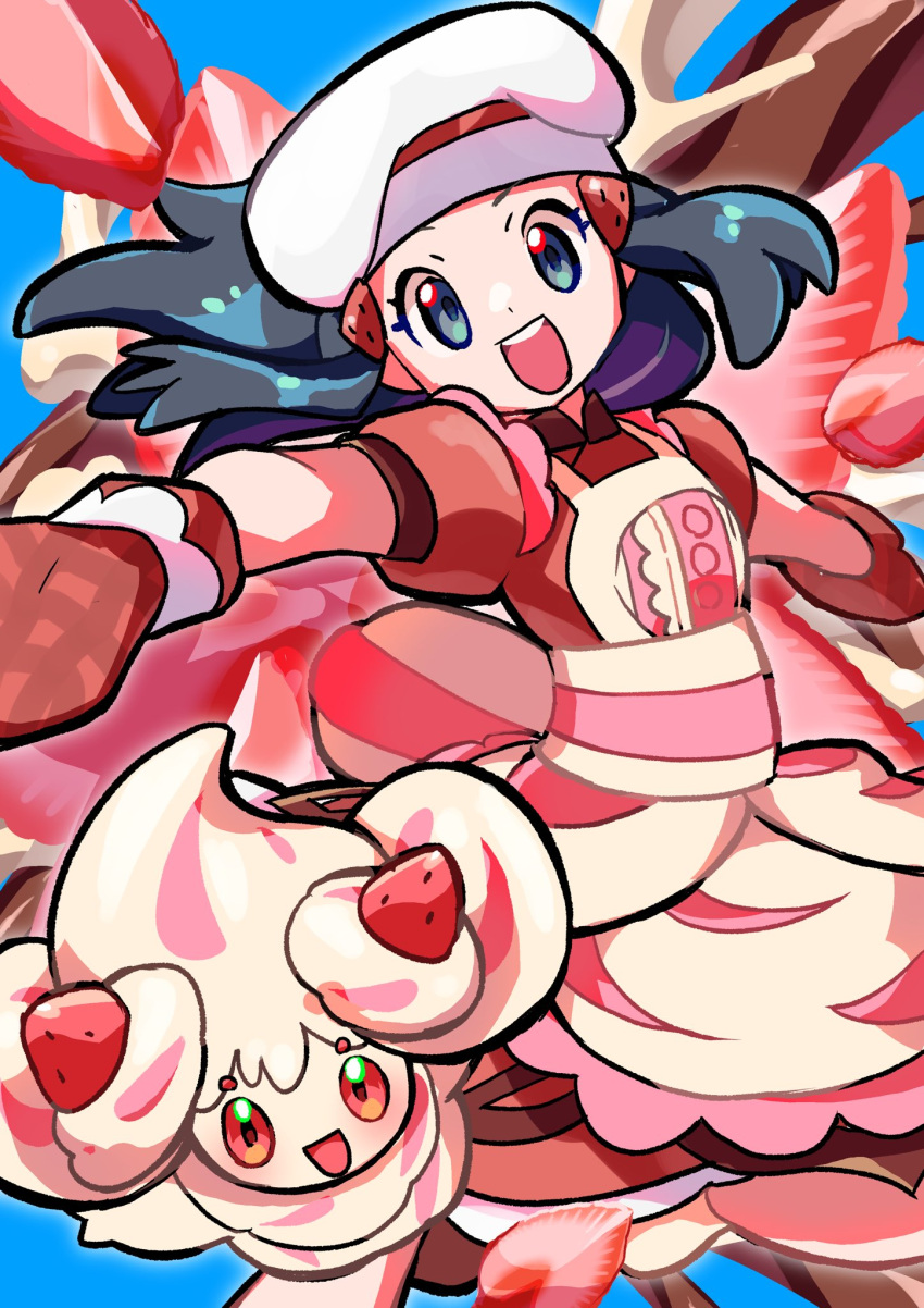 1girl alcremie alcremie_(strawberry_sweet) apron black_hair chef_hat dawn_(palentine's_2021)_(pokemon) dress eyelashes food food-themed_hair_ornament fruit grey_eyes hair_ornament hairclip hat highres hikari_(pokemon) long_hair mittens official_alternate_costume open_mouth oven_mitts pokefia pokemon pokemon_(creature) pokemon_dppt pokemon_masters_ex red_dress red_mittens short_sleeves smile strawberry strawberry_hair_ornament white_headwear