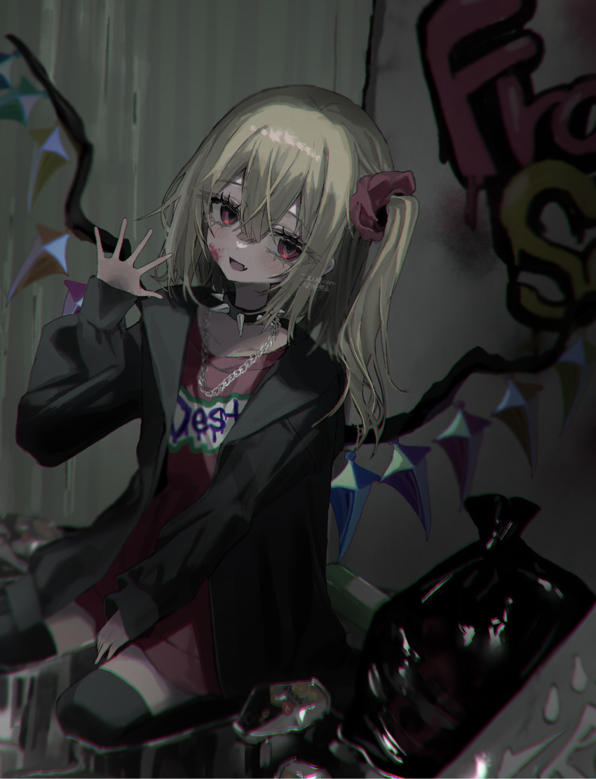 1girl alternate_costume blonde_hair blood blood_on_face coat collar crystal_wings flandre_scarlet from full_body hair_ribbon highres open_mouth red_eyes red_ribbon ribbon side_ponytail sitting solo spiked_collar spikes touhou trash_bag wariza yumeno_ruruka