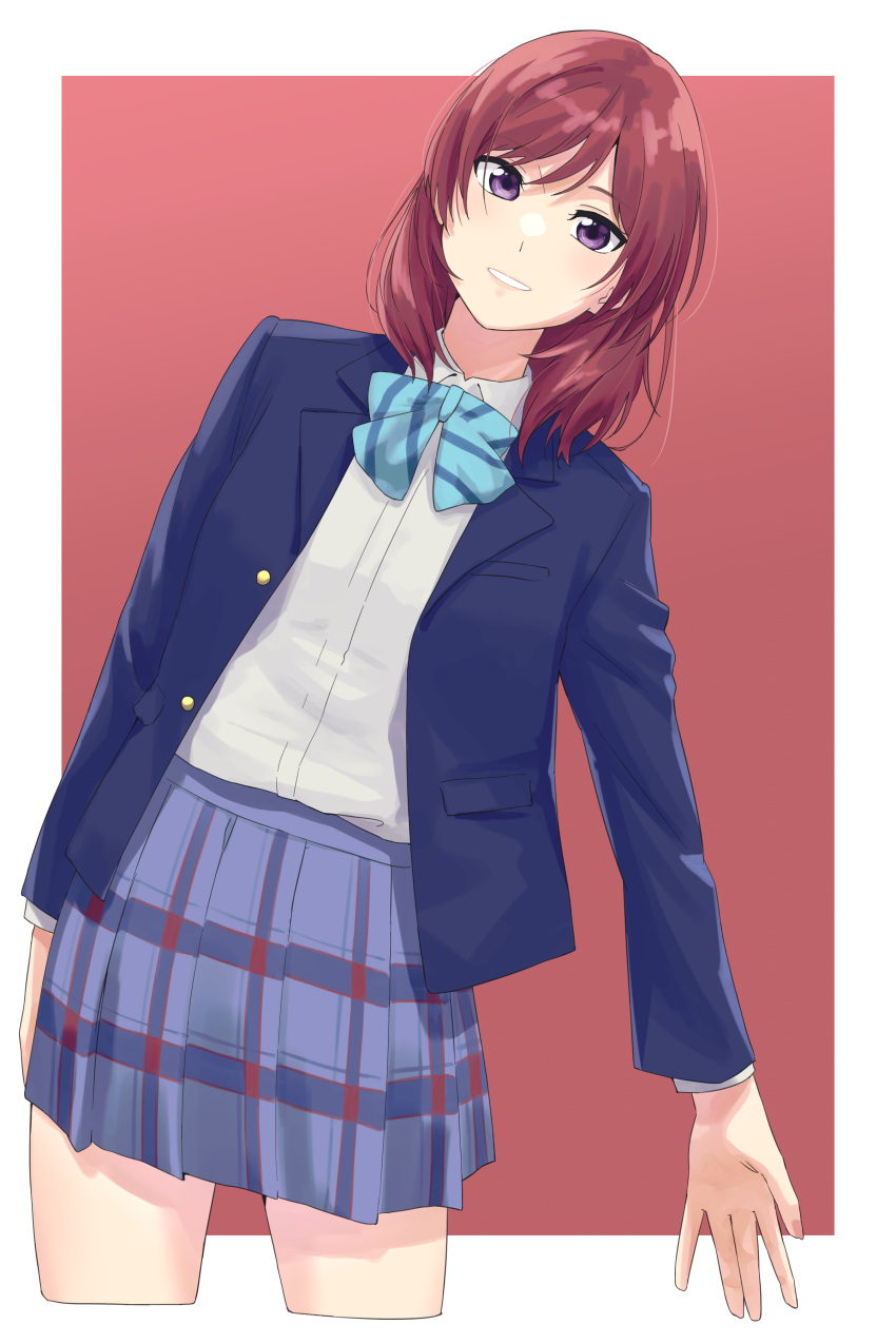 1girl absurdres blue_bow blue_bowtie blue_jacket blue_skirt border bow bowtie collared_shirt commentary commentary_request cropped_legs highres jacket leaning_to_the_side long_sleeves looking_at_viewer love_live! love_live!_school_idol_project medium_hair nishikino_maki open_clothes open_jacket otonokizaka_school_uniform outside_border pleated_skirt red_background redhead s_sho_mkrn school_uniform shirt sidelocks skirt smile solo striped_bow striped_bowtie striped_clothes upper_body violet_eyes white_border white_shirt winter_uniform