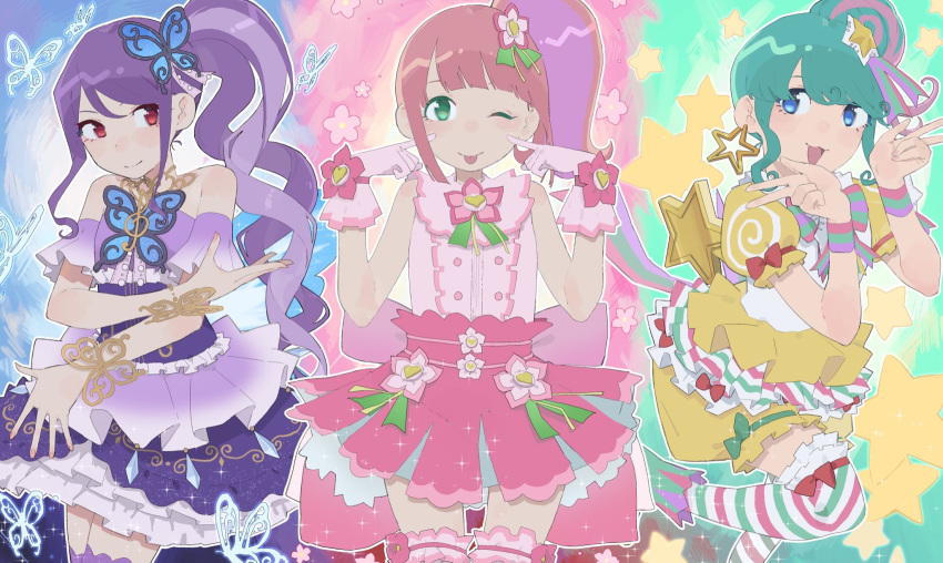 3girls bad_id bad_twitter_id bare_shoulders blue_eyes butterfly_hair_ornament center_frills closed_mouth column_lineup commentary_request cowboy_shot double_w dress fingers_to_cheeks flower frills gloves green_eyes hair_bun hair_flower hair_ornament hands_up highres idol_clothes junon_(pripara) kanon_(pripara) kemura_(puripurinea) long_hair looking_at_viewer multicolored_hair multiple_girls one_eye_closed open_mouth pink_flower pink_gloves pink_hair pink_shirt pink_skirt pinon_(pripara) pretty_series pripara puffy_short_sleeves puffy_sleeves purple_dress purple_hair red_eyes shirt short_sleeves side_ponytail sidelocks single_side_bun skirt smile standing standing_on_one_leg star_(symbol) streaked_hair striped_clothes striped_thighhighs thigh-highs tongue tongue_out w yellow_dress