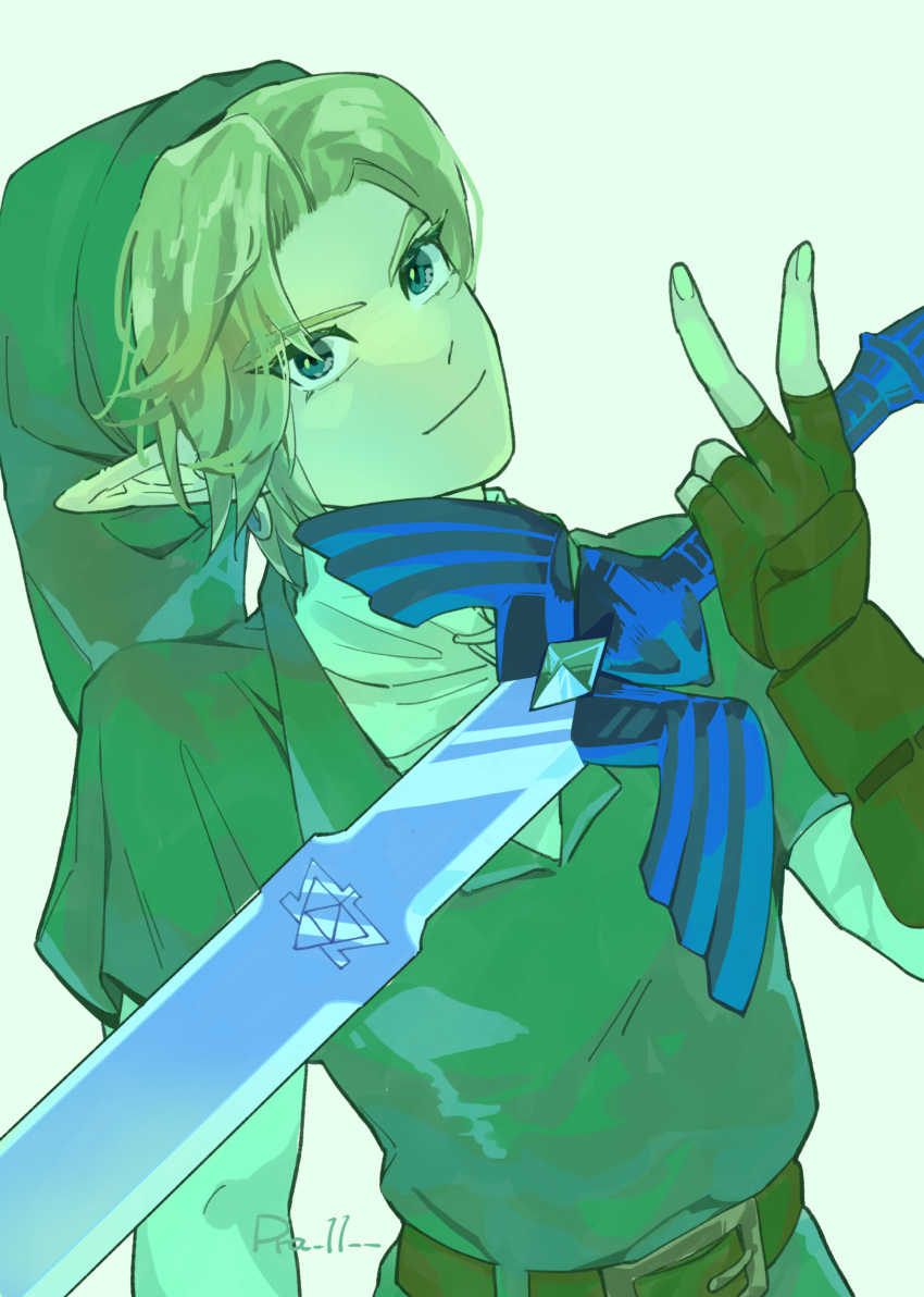 1boy absurdres artist_name belt belt_buckle blonde_hair blue_eyes brown_belt brown_gloves buckle closed_mouth commentary_request earrings fingerless_gloves gloves green_headwear green_tunic hand_up hat head_tilt highres holding holding_sword holding_weapon jewelry layered_sleeves link long_sleeves looking_at_viewer male_focus master_sword parted_bangs pointy_ears pra_11 shirt short_hair short_over_long_sleeves short_sleeves sidelocks simple_background smile solo sword the_legend_of_zelda triforce tunic upper_body v v-shaped_eyebrows weapon white_background white_shirt
