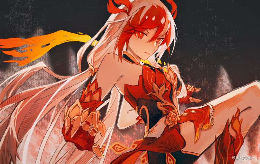 1girl a_yi animal_hands artist_name bare_shoulders black_shorts black_sports_bra chinese_clothes claws closed_mouth detached_sleeves elbow_gloves eyeliner fire fu_hua fu_hua_(fenghuang_of_vicissitude) gloves hair_between_eyes highres honkai_(series) honkai_impact_3rd long_hair looking_at_viewer low-tied_long_hair low_twintails makeup multicolored_hair red_eyeliner red_eyes red_gloves red_rope red_scales redhead rope short_shorts shorts solo sports_bra sportswear streaked_hair symbol-shaped_pupils tail thighs twintails two-tone_hair white_hair yellow_pupils