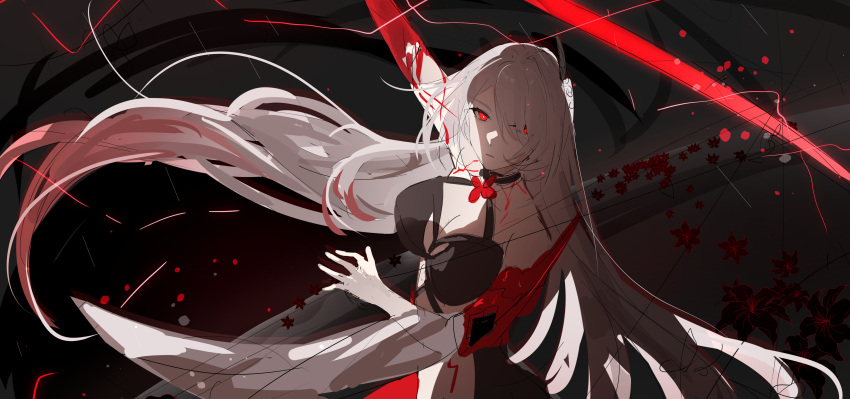1girl absurdres acheron_(honkai:_star_rail) arm_up closed_mouth flower highres holding holding_sword holding_weapon honkai:_star_rail honkai_(series) kkk_dami looking_at_viewer red_eyes red_flower serious solo sword weapon white_hair