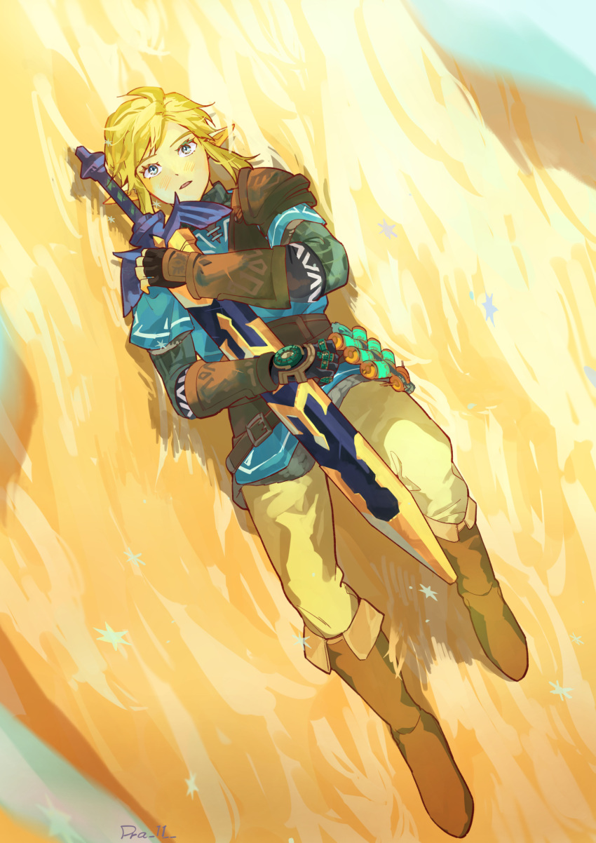 1boy arm_guards armor artist_name belt belt_buckle black_gloves blonde_hair blue_eyes blue_tunic blush boots brown_belt brown_footwear brown_pants buckle champion's_tunic_(zelda) commentary_request eyelashes fingerless_gloves fold-over_boots gloves highres holding holding_sword holding_weapon hugging_object knee_boots layered_sleeves link long_sleeves looking_at_viewer lying male_focus master_sword medium_hair on_back open_mouth pants parted_bangs pointy_ears pra_11 short_over_long_sleeves short_sleeves shoulder_armor shoulder_pads sidelocks solo sweater swept_bangs sword the_legend_of_zelda the_legend_of_zelda:_tears_of_the_kingdom tunic turtleneck turtleneck_sweater weapon