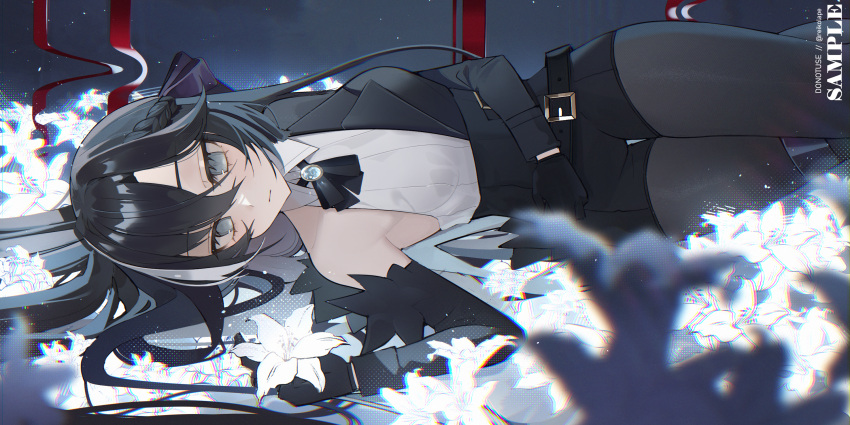 1girl armpits black_hair black_neckerchief black_pantyhose cowboy_shot flower grey_eyes highres holding holding_flower indie_virtual_youtuber looking_at_viewer lying multicolored_hair neckerchief on_side pantyhose reiko_lape shirt solo streaked_hair suit thighs virtual_youtuber white_flower white_hair white_shirt yuri_tennouji