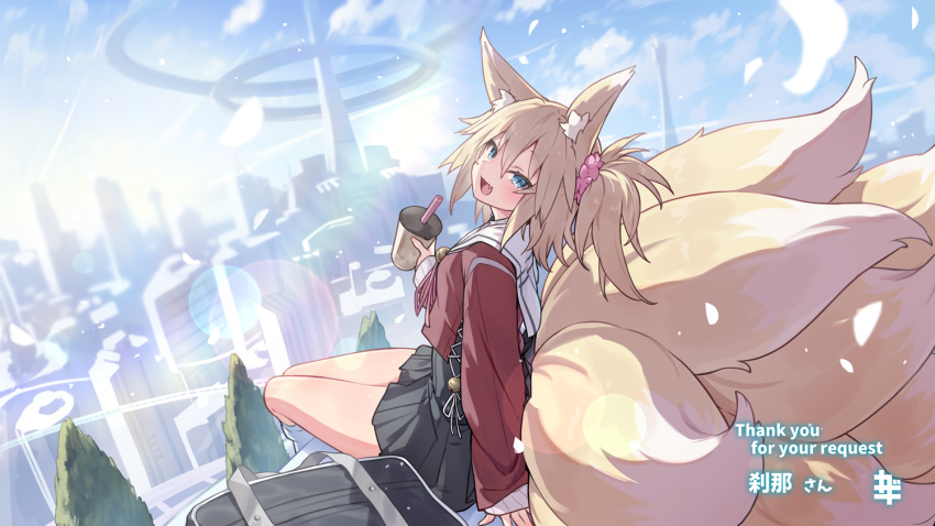 1girl :d animal_ears bag black_dress blue_eyes blue_sky building clouds cloudy_sky commission cup day disposable_cup dress drinking_straw fang fox_ears fox_girl fox_tail hair_between_eyes holding holding_cup kazana_(sakuto) kitsune kneehighs long_sleeves loose_socks original outdoors pleated_dress puffy_long_sleeves puffy_sleeves red_shirt sailor_collar school_bag shirt sitting skeb_commission sky sleeves_past_wrists smile socks solo tail thank_you tower white_sailor_collar white_socks