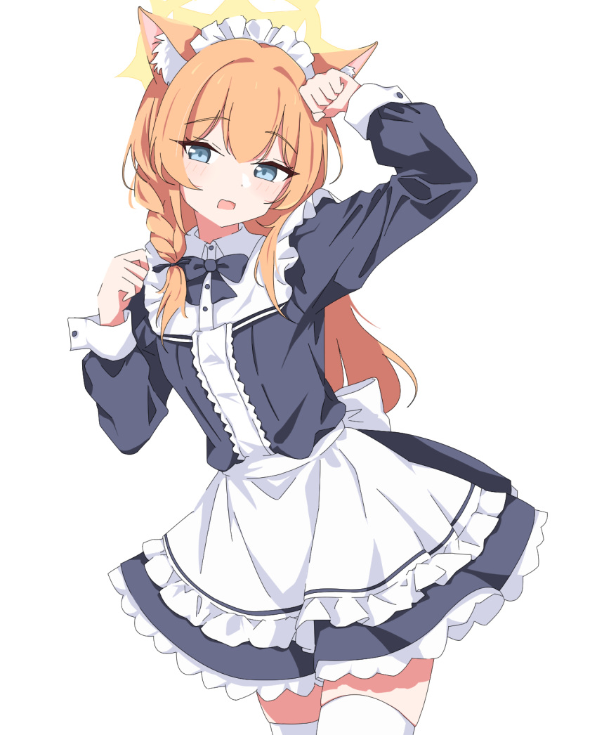 1girl alternate_costume animal_ears apron back_bow black_bow black_bowtie black_skirt blue_archive blush bow bowtie braid cat_ears commentary_request cowboy_shot enmaided frilled_apron frilled_skirt frills grey_eyes hair_between_eyes halo highres kusana_(kusana47454281) long_hair long_sleeves looking_at_viewer maid maid_apron maid_headdress mari_(blue_archive) open_mouth orange_hair paw_pose side_braid simple_background skindentation skirt solo thigh-highs white_apron white_background white_bow white_thighhighs yellow_halo zettai_ryouiki