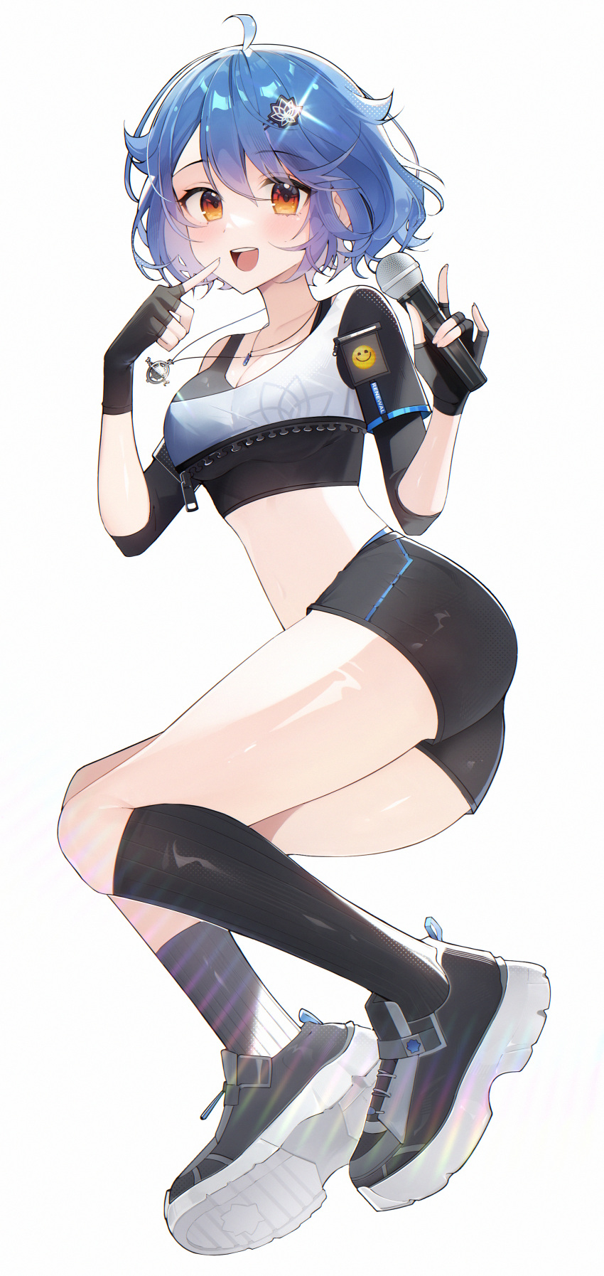 1girl absurdres ahoge bike_shorts black_gloves blue_hair fingerless_gloves full_body gloves hair_ornament hairpin highres indie_virtual_youtuber legs mana_renewal microphone open_mouth red_eyes reiko_lape shoes short_hair shorts simple_background sparkle sports_bra thighs v virtual_youtuber