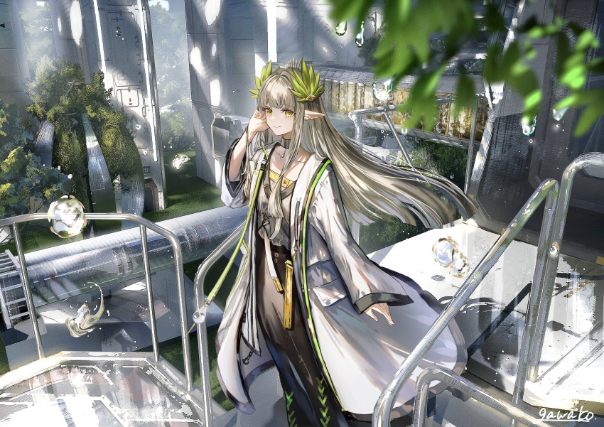 1girl absurdres arknights black_choker blush brown_hair choker closed_mouth coat elf gawako hair_ornament highres jacket leaf long_hair long_sleeves looking_at_viewer mole mole_under_eye muelsyse_(arknights) open_clothes pointy_ears shirt smile solo tagme tree very_long_hair water yellow_eyes