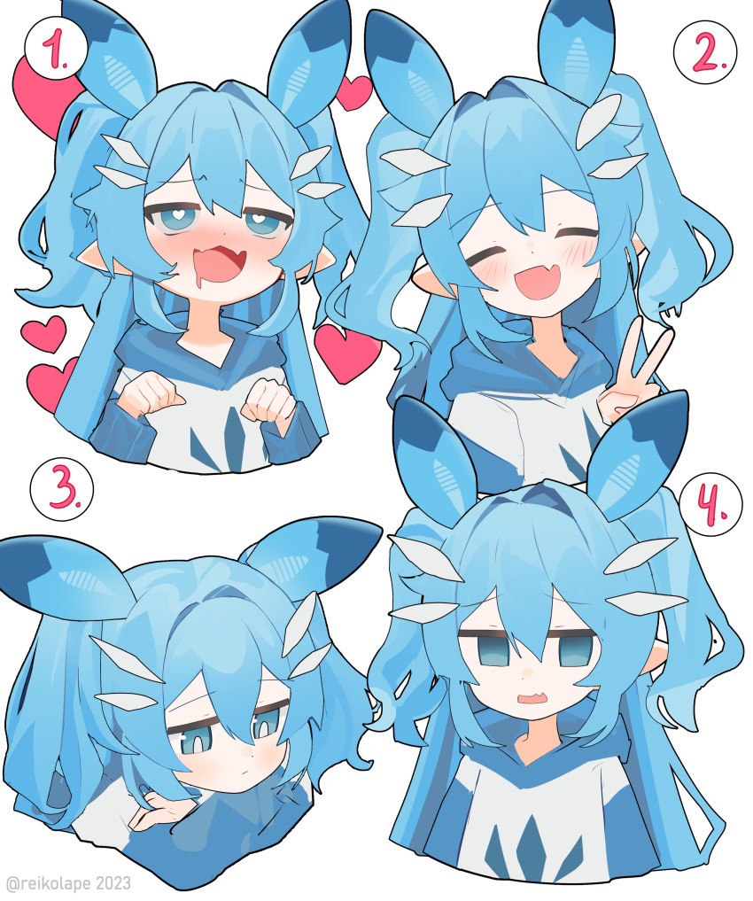 1girl :d ^_^ absurdres blue_eyes blue_hair blush chillet closed_eyes closed_mouth crossed_arms empty_eyes english_commentary expressions fang hair_between_eyes hair_intakes hand_up hands_up heart heart-shaped_pupils highres light_blue_hair long_hair long_sleeves open_mouth palworld personification pointy_ears reiko_lape simple_background skin_fang smile symbol-shaped_pupils twitter_username two_side_up v white_background