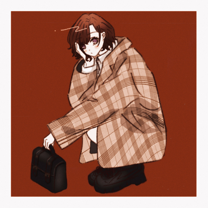 1girl 28ki_00 bag black_footwear blush brown_hair brown_jacket hand_on_own_cheek hand_on_own_face highres higuchi_madoka holding holding_bag idolmaster idolmaster_shiny_colors jacket looking_at_viewer looking_to_the_side mole mole_under_eye plaid plaid_jacket simple_background solo squatting two-tone_background