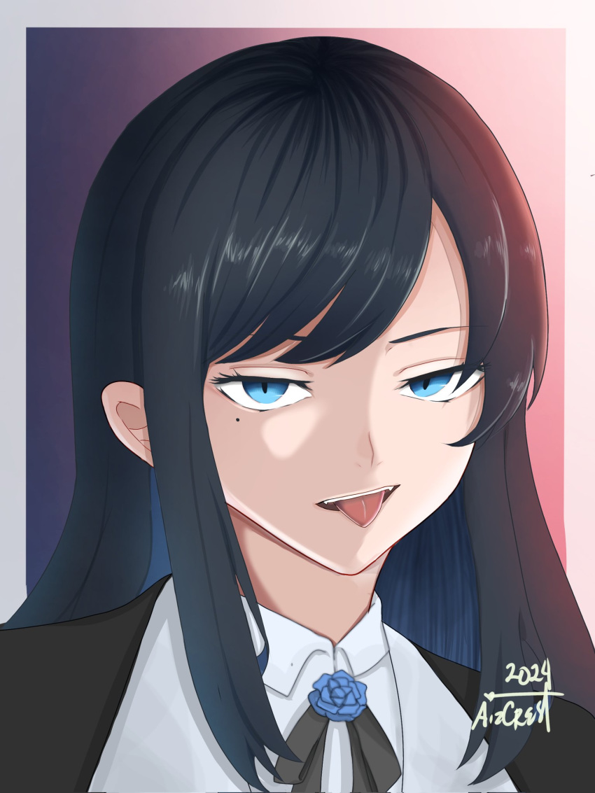 1girl ado_(utaite) aizcrest_arts black_hair black_ribbon blue_eyes blue_flower blue_hair blue_rose border chando_(ado) cloud_nine_inc collared_shirt colored_inner_hair commentary corrupted_twitter_file dated flower flower_brooch hashtag_only_commentary highres long_hair looking_at_viewer mole mole_under_eye multicolored_hair neck_ribbon open_mouth outside_border portrait ribbon rose shirt sidelocks signature solo swept_bangs teeth tongue tongue_out upper_teeth_only utaite white_border white_shirt