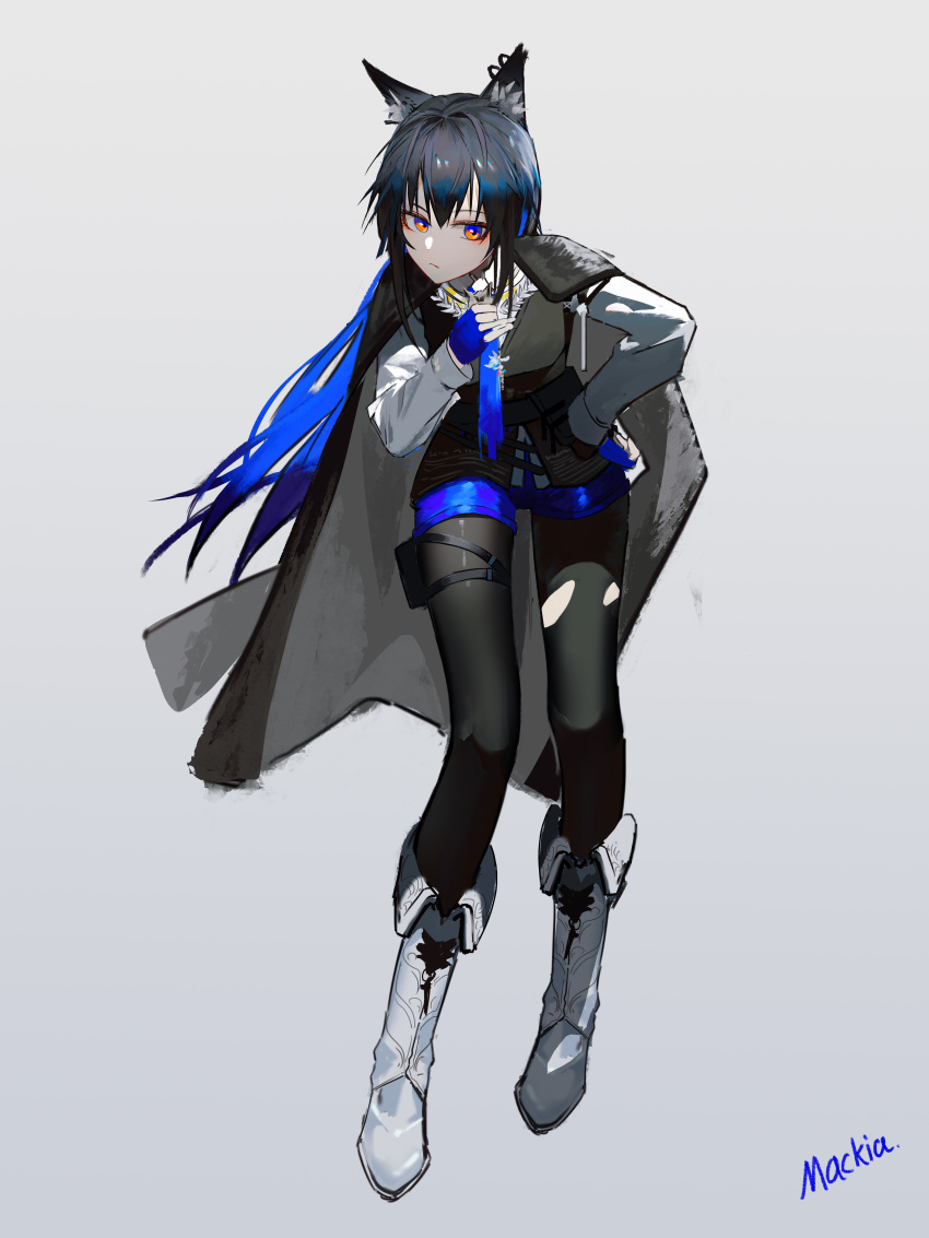 1girl absurdres animal_ear_fluff animal_ears arknights artist_name black_hair black_jacket black_vest blue_gloves blue_necktie blue_shorts boots chinese_commentary collared_shirt commentary_request full_body gloves grey_background highres jacket jacket_on_shoulders leaning_forward long_hair long_sleeves mackia necktie pink_eyes shirt shorts simple_background solo texas_(arknights) texas_the_omertosa_(arknights) thigh_pouch vest white_footwear white_shirt wolf_ears wolf_girl