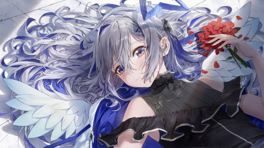 1girl absurdres amane_kanata amane_kanata_(work) angel angel_wings belt black_dress blue_belt blue_hair blue_jacket blush clothing_cutout colored_inner_hair commentary dress flower frilled_dress frills fudepenbrushpen grey_hair hair_ornament hair_tie hairclip halo highres holding holding_flower hololive jacket jewelry long_hair looking_to_the_side lying multicolored_hair necklace petals red_flower shoulder_cutout single_hair_intake sleeveless sleeveless_dress solo star_(symbol) star_halo star_necklace streaked_hair tile_floor tiles upper_body violet_eyes virtual_youtuber wings