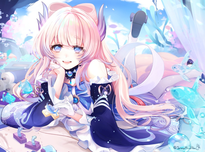 1girl air_bubble arm_support bare_shoulders blue_gemstone blue_hair bow-shaped_hair bubble colored_tips detached_collar gem genshin_impact gloves half_gloves highres hoshiusagi_no_chloe long_hair long_sleeves looking_at_viewer lying multicolored_hair on_stomach outdoors parted_lips pink_hair sandals sangonomiya_kokomi smile solo teeth thick_eyebrows thigh-highs twitter_username upper_teeth_only vision_(genshin_impact) white_gloves white_thighhighs