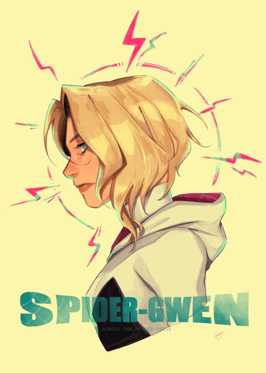 1girl black_bodysuit blonde_hair blue_eyes bodysuit breasts character_name closed_mouth copyright_name freckles gwen_stacy haji_(haji07lo) highres hood hooded_bodysuit lightning_bolt_symbol lips looking_at_viewer marvel medium_breasts multicolored_bodysuit multicolored_clothes pink_bodysuit short_hair simple_background solo spider-gwen spider-man:_across_the_spider-verse spider-man_(series) spider-verse spider_web_print superhero twitter_username upper_body white_bodysuit yellow_background